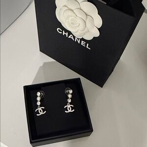CHANEL Silver Logo Drop Earrings